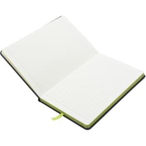 An A5 journal with lined pages, featuring a black cover and green accents, including a ribbon bookmark.