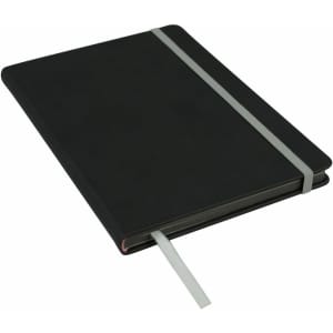 A black A5 journal with an elastic band closure and a ribbon bookmark. It features a simple design and has a logo.