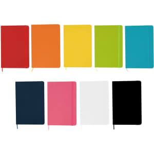 A collection of A5 notebooks in various colours including red, orange, yellow, green, blue, black, pink, and white, featuring a logo.