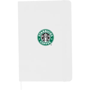 A white A5 notebook with an elastic band and a logo on the front.
