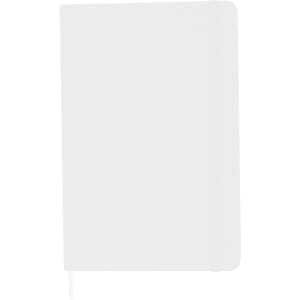 A white A5 notebook with a textured cover, an elastic band closure, and a ribbon bookmark. It features a logo.