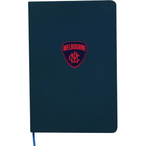 A navy A5 notebook featuring a logo on the cover and a blue ribbon bookmark.