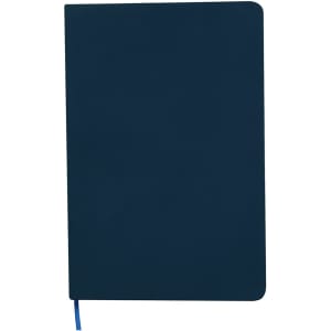 A dark blue A5 notebook with a smooth cover and a matching blue ribbon bookmark, featuring a logo on the front.