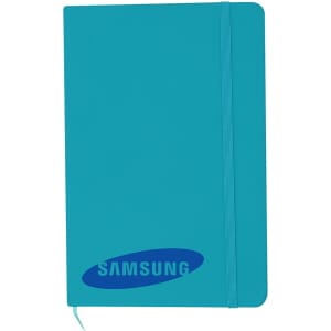 A turquoise A5 notebook with an elastic band closure and a logo on the front cover.