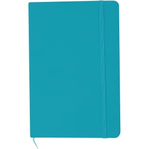 A teal A5 notebook with a smooth cover and an elastic band closure, featuring a logo.