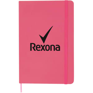 A pink A5 notebook with an elastic closure and a logo on the cover. The notebook features a smooth surface.