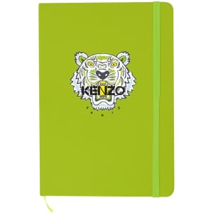 A green A5 notebook featuring a tiger logo and an elastic closure. It has a smooth finish and a bright design.