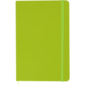 A green A5 notebook with a textured cover and an elastic band closure, featuring a branding logo.