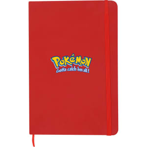 A red A5 notebook featuring a logo on the cover, with an elastic closure.