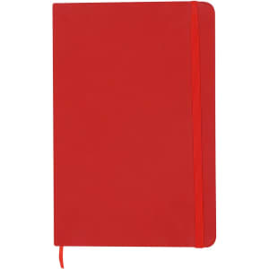 A red A5 notebook with a matching elastic band and a ribbon bookmark. Features a simple, solid cover design.