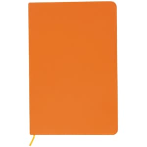 An orange A5 notebook with a smooth cover and a yellow ribbon bookmark. It features a branded logo.