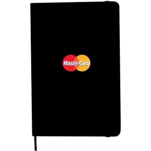 A black A5 notebook with a logo on the front, featuring a ribbon bookmark.