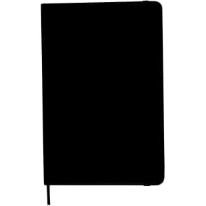A black A5 notebook with a smooth cover and an elastic band closure, featuring a logo.