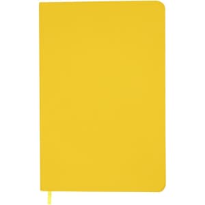 A yellow A5 notebook with a smooth cover and a matching ribbon bookmark. Features a logo on the front.