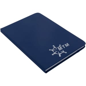 A navy A5 notebook with a logo on the front, showcasing a sleek and modern design.