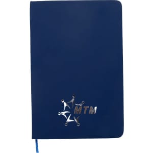 A navy blue A5 notebook with a silver logo at the bottom and a blue ribbon bookmark.