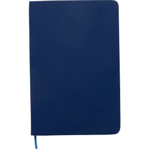A dark blue A5 notebook with a smooth cover and a ribbon bookmark, featuring a logo on the front.