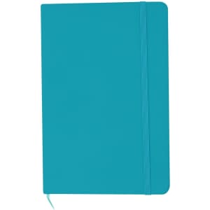 A teal A5 notebook with a matching elastic closure and rounded corners. It features a logo on the cover.