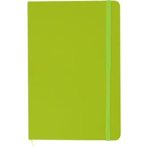 A bright green A5 notebook with a matching elastic band closure. Features a smooth finish and a logo on the cover.