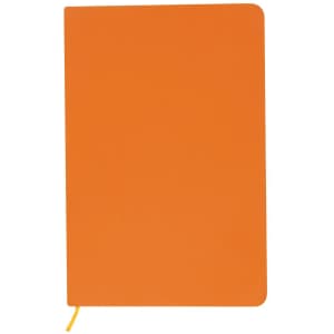 An orange A5 notebook with a smooth cover and a yellow ribbon marker. It features a logo on the cover.