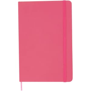 A pink A5 notebook with a matching elastic band closure and a ribbon bookmark.
