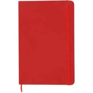 A red A5 notebook with a matching elastic closure and a ribbon bookmark, featuring a simple design.