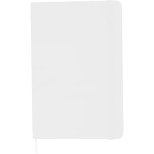 A blank A5 notebook in white, featuring a smooth cover and an elastic band for closure. It includes a branding logo.
