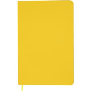 A bright yellow A5 notebook with a smooth cover and a ribbon bookmark, featuring a logo on the front.
