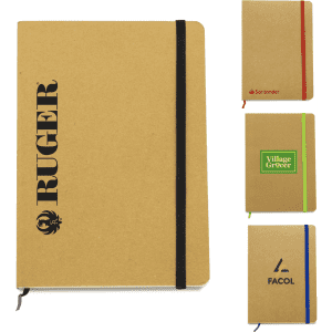 A collection of four notebooks in various colours with elastic bands and branding on the covers.