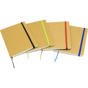 Four Jodha Notebooks in kraft with black, green, red, and blue elastic bands, featuring a simple logo on the cover.