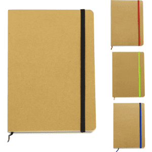 A notebook with a kraft cover and black elastic band, alongside smaller notebooks in red, green, and blue.