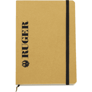A tan notebook with a black logo and an elastic band closure. It features a textured cover and a zip pocket.