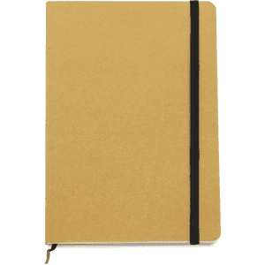 A brown notebook with a black elastic band, featuring a textured cover and a small bookmark ribbon.