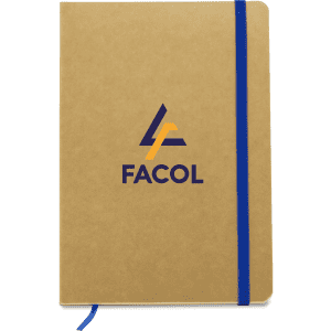 A tan notebook with a blue elastic band and a logo on the cover. Suitable for office and business use.