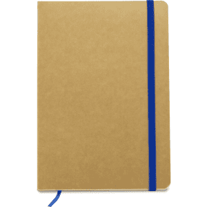 A brown notebook featuring a blue elastic band and a ribbon marker. It has a minimalistic design.