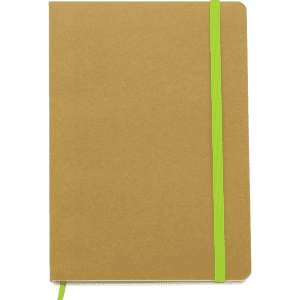 A brown notebook with a green elastic band, featuring a simple, minimalistic design.