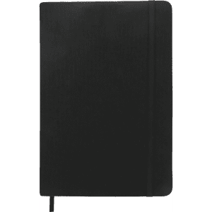 A black A5 notebook with a textured cover, featuring an elastic band and a ribbon marker.
