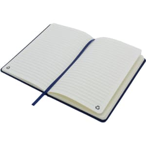 An A5 notebook with a navy blue cover, featuring blank lined pages and a ribbon bookmark. It has a logo on the inside.