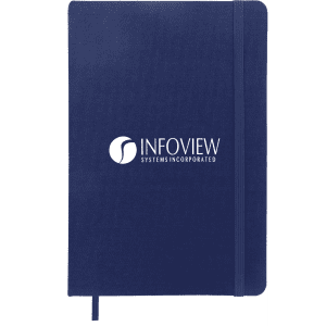 A navy blue A5 notebook with a flexible cover and an elastic band, featuring a logo on the front.