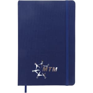 A blue A5 notebook with a textured cover and an elastic band, featuring a logo on the front.