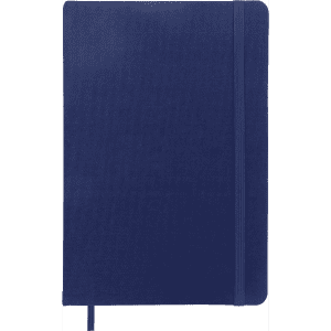 A navy blue A5 notebook with a textured cover and an attached elastic band. It features a logo on the front.