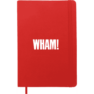 A red A5 notebook with an elastic closure and a logo on the front. It features a ribbon bookmark.