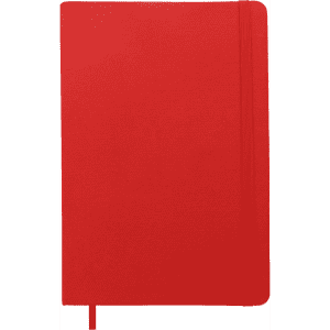 A red A5 notebook with a textured cover and a matching elastic band. It features a logo on the front.