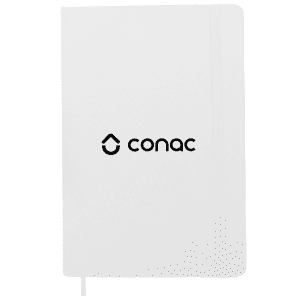 A white notebook with a logo on the cover and a ribbon marker. Suitable for office and business use.