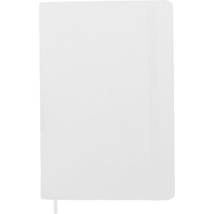 A white A5 notebook with a textured cover, featuring an elastic band and a ribbon marker. It has a logo on the front.