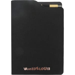 A black A5 notebook with a sleek cover and a pen tucked inside. It features a logo on the front.
