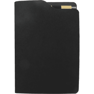 A black A5 notebook with a slim profile, featuring an interior pocket for notes or cards and a logo on the cover.
