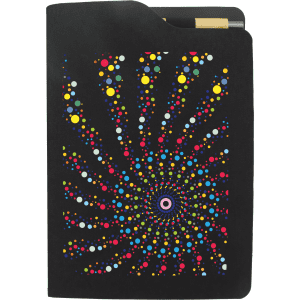 A black A5 notebook featuring a vibrant, multicoloured spiral design and a pocket on the side.