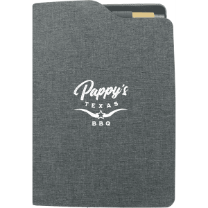 A grey notebook with a textured cover featuring a logo and a slot for cards or papers.