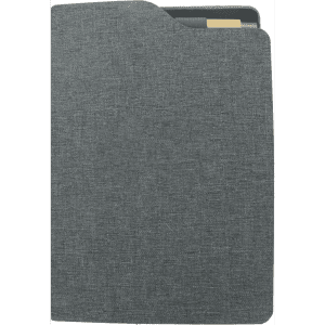 A grey A5 notebook with a textured cover, featuring a pocket and a logo on the front.